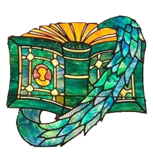 Stained-glass style graphic of an open green book with yellow pages and a blue-green feathered wing